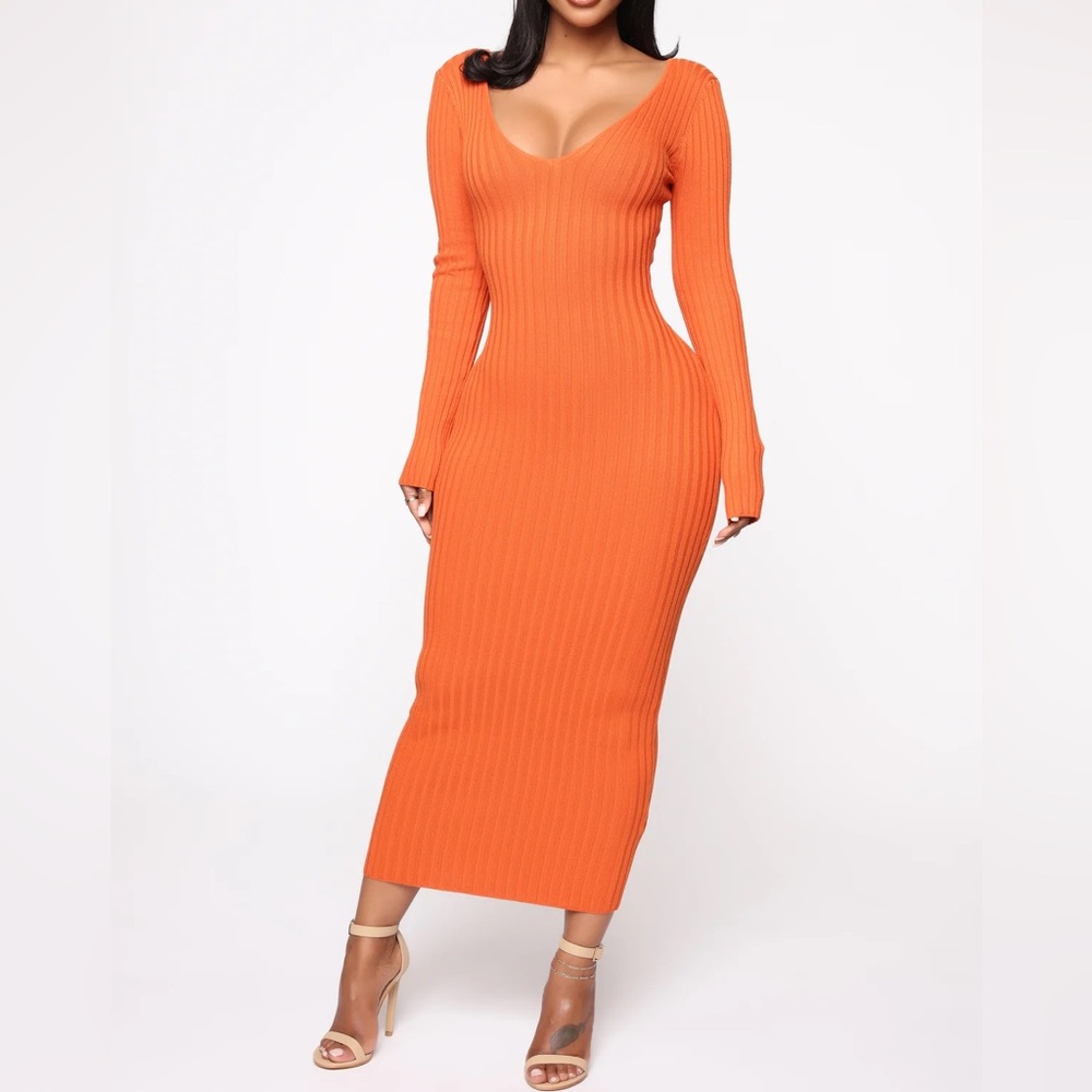 Fashion Nova Vibrant Orange Long Sleeve Dress